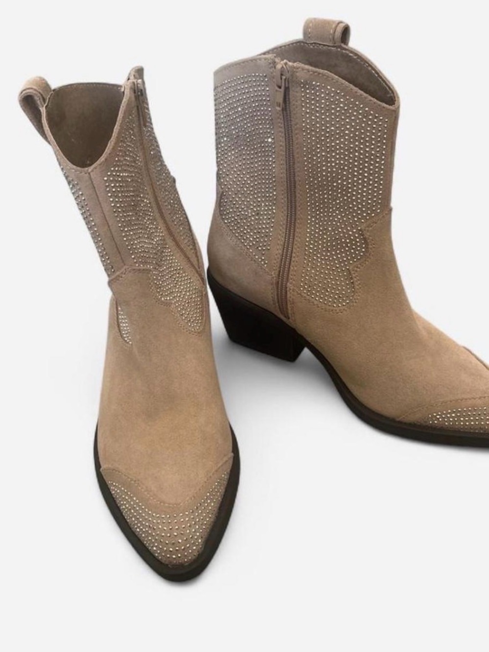 Source Unknown Taupe Suede Western Ankle Boots With Rhinestone Detail